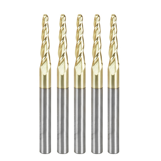 Amana Tool 46286-5, 5-Pack CNC 2D and 3D Carving 3.6 Deg Tapered Angle Ball Nose x 1/8 D x 1/16 R x 1 CH x 1/4 SHK x 3 Inch Long x 3 Flute SC ZrN Coated Upcut Router Bits