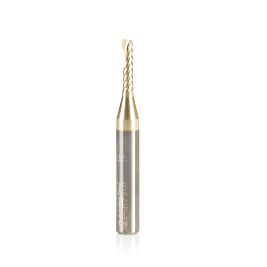 Amana Tool 57343-Z SC Spiral O Single Flute, Improved Surface Finish Aluminum Cutting 1/8 D x 1/2 CH x 1/4 SHK x 2 Inch Long Up-Cut ZrN Coated Router Bit with Mirror Finish