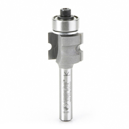 Amana Tool 51565 Carbide Tipped Bullnose 1/16 R x 5/8 D x 1/2 CH x 1/4 Inch SHK w/ Lower Ball Bearing Router Bit