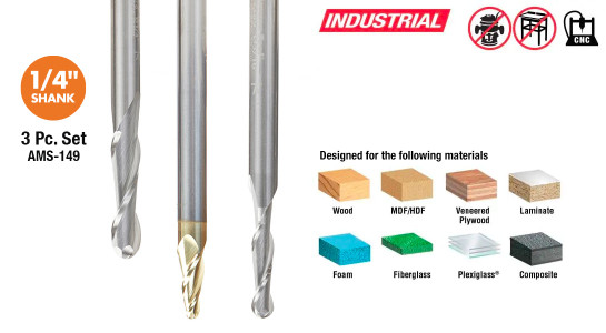 3-Pc Solid Carbide Up-Cut Spiral Ball Nose CNC Router Bit Packs, 1/4 Inch Shank