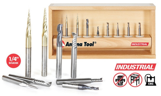 8-Pc Specialty Aluminum, Plastics & Stainless Steel Cutting CNC Solid Carbide Router Bit Collection, 1/4 Inch Shank