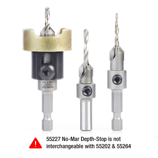 Amana Tool AMS-621 3-Pc Carbide Tipped Countersink with Adjustable Depth Stop and No-Thrust, No Marring Ball Bearing Set