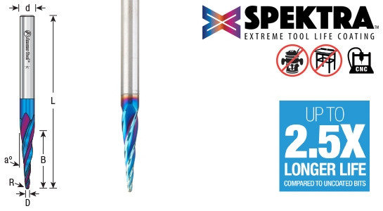 Solid Carbide Spektra™ Extreme Tool Life Coated 2D/3D Carving Straight Ball Nose (Conical Ball) Router Bits with special unique carbide with nACo® nanocomposite coating for longer lifetime.