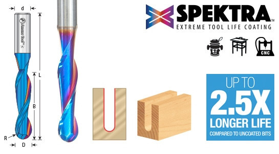 Solid Carbide Spektra Extreme Tool Life Coated Double Flute Up-Cut and Down-Cut Ball Nose Spiral Bits