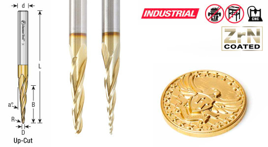 CNC Ball Nose (Conical Ball) High Speed Steel (HSS) Spiral 2D/3D Carving Tapered and Straight ZrN Coated Up-Cut Router Bits
