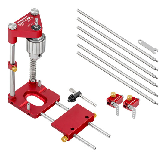 Woodpeckers Auto-Line Drill Guide Deluxe Kit - Includes Auto Line Drill Guide, 6 Extension Rods, 2 Flip Stops, and Wrench