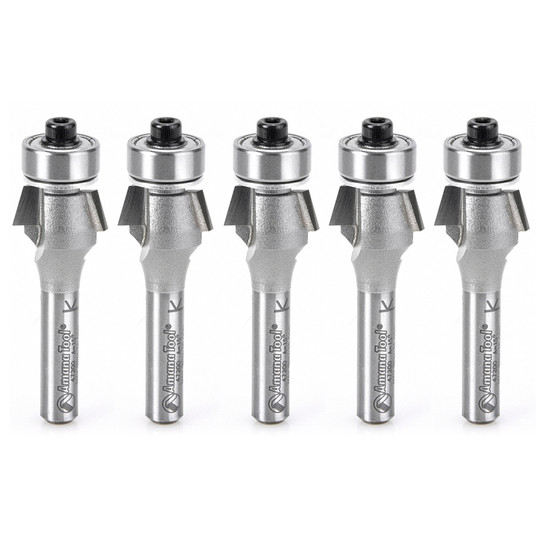 Amana Tool 47200-5, 5-Pack Carbide Tipped Bevel Laminate Trim 15 Deg Angle x 5/8 D x 9/32 CH x 1/4 Inch SHK w/ Ball Bearing Router Bits