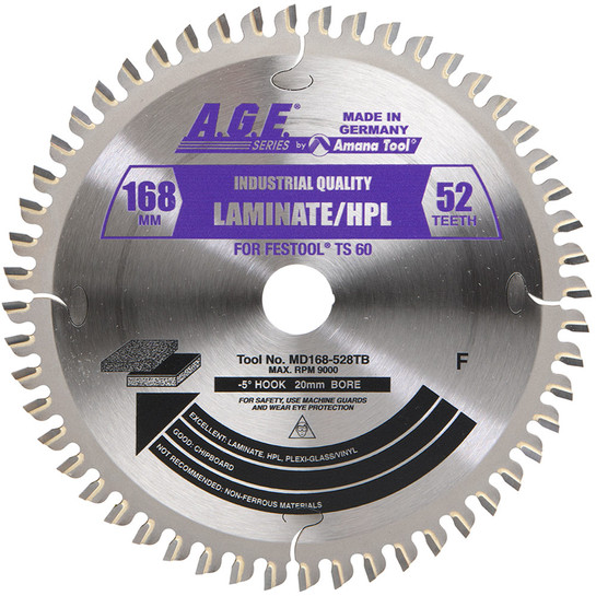 AGE Series MD168-528TB For Festool Track Saw Machine Carbide Tipped Laminate/HPL Cutting Saw Blade 168mm D x 52T x F/FA Grind , -5 Deg, 20mm Bore