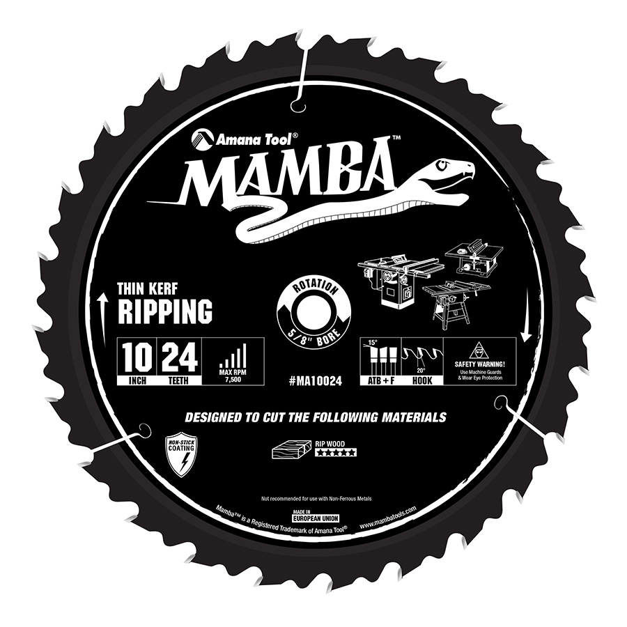 Amana Tool MA10024 Carbide Tipped Thin Kerf Ripping Mamba Contractor Series  10 Inch D x 24T, ATB+F, 20 Deg, 5/8 Bore Circular Saw Blade