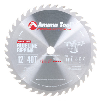 Amana Tool 612401 Carbide Tipped Glue Line Ripping 12 inch D x 40T TCG, 22 Deg, 1 Inch Bore, Circular Saw Blade