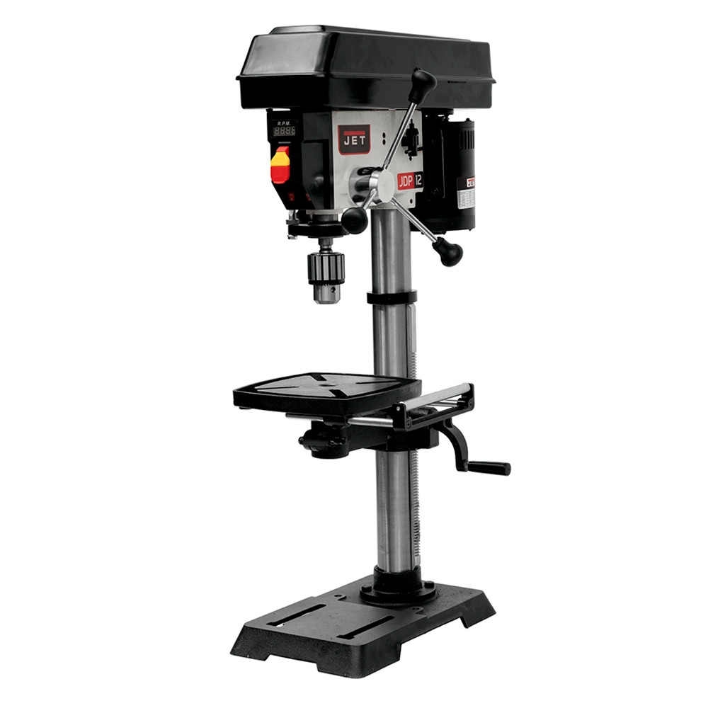 Jet Floor Drill Press: 12" Swing, 1/2 hp, Variable Speed Pulley Drive, 115 V, 1 Phase - 530 to 3,100 RPM, 2MT, 3-1/8" Spindle Travel Length