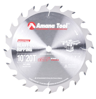 Amana Tool 710200 Carbide Tipped Heavy-Duty Ripping 10 Inch D x 20T FT, 18 Deg, 5/8 Bore, Circular Saw Blade