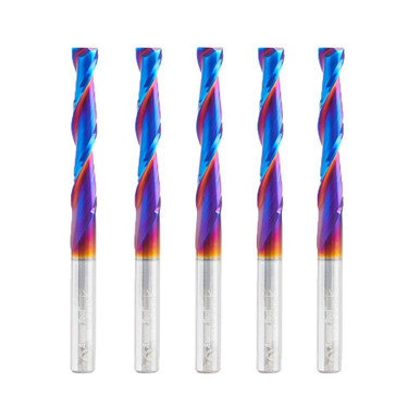 Amana Tool 46577-K-5, 5-Pack CNC Spektra Extreme Tool Life Coated Spiral 2D/3D Carving 0.10 Deg Straight Angle Flat Bottom x 1/4 D x 1-1/2 CH x 1/4 SHK x 3 Inch Long x 2 Flute SC Up-Cut Router Bits