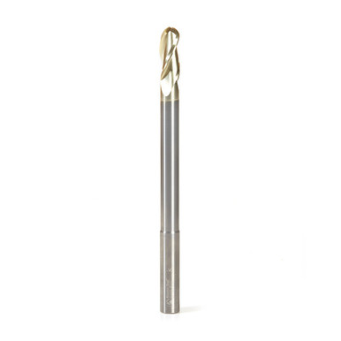 Amana Tool 46496 Extra Long CNC 2D and 3D Carving Tapered Ball Nose 0.10 Deg Angle x 1/2 Dia x 1/4 Radius x 1-1/4 Cut Height x 1/2 Shank x 7 Inch Long x 3 Flute Solid Carbide ZrN Coated Reduced Shank Router Bit