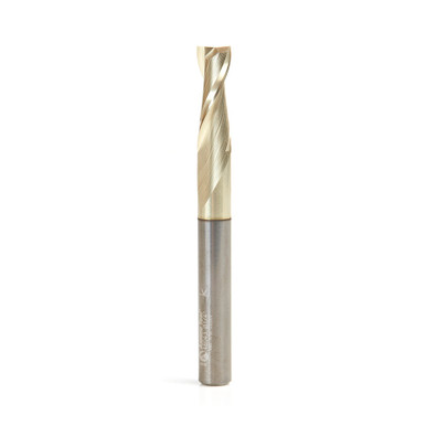 Amana Tool 46043 Solid Carbide Spiral 1/4 Dia x 3/4 Cut Height x 1/4 Shank x 2-1/2 Inch Long Composite, Fiberglass & Phenolic Cutting ZrN Coated 2 Flute Up-Cut Router Bit