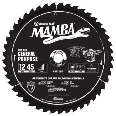 Amana Tool MA12045 Carbide Tipped Thin Kerf General Purpose Miter Mamba Contractor Series 12 Inch D x 45T, ATB+F, 15 Deg, 1 Bore Circular Saw Blade