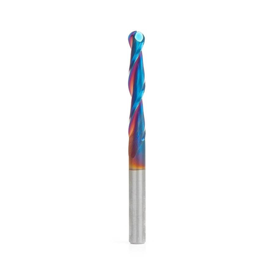 Image of Amana Tool 46294-K CNC Spektra Extreme Tool Life Coated SC 2D and 3D Carving 0.10 Deg Straight Angle Ball Nose x 1/4 D x 1/8 R x 1-1/2 CH x 1/4 SHK x 3 Inch Long x 2 Flute Router Bit