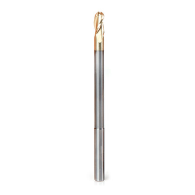 Amana Tool 46490 Extra Long CNC 2D and 3D Carving Tapered Ball Nose 0.10 Deg Angle x 1/4 Dia x 1/8 Radius x 1/2 Cut Height x 1/4 Shank x 4 Inch Long x 3 Flute Solid Carbide ZrN Coated Reduced Shank Router Bit