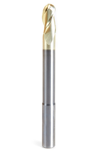 Amana Tool 46491 Extra Long CNC 2D and 3D Carving Tapered Ball Nose 0.10 Deg Angle x 3/8 Dia x 3/16 Radius x 3/4 Cut Height x 3/8 Shank x 4 Inch Long x 3 Flute Solid Carbide ZrN Coated Reduced Shank Router Bit