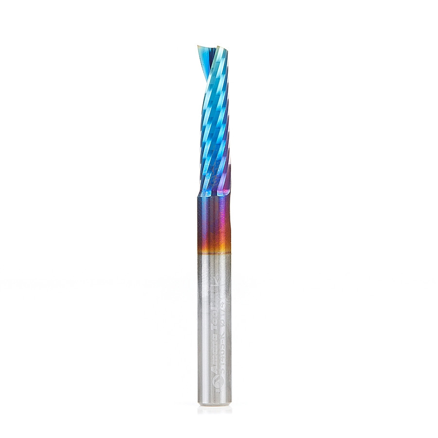 Image of Amana Tool 51405-K CNC Spektra Coated SC Spiral O Single Flute, Plastic Cutting 1/4 D x 1 CH x 1/4 SHK x 2-1/2 Inch Long Up-Cut Router Bit with Mirror Finish