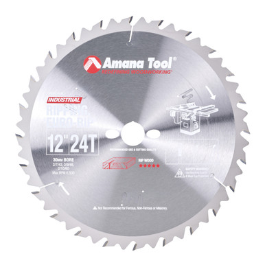 Amana Tool RB1224-30 Carbide Tipped Euro Rip With Cooling Slots 12 Inch D x 24T FT, 18 Deg, 30MM Bore, Circular Saw Blade