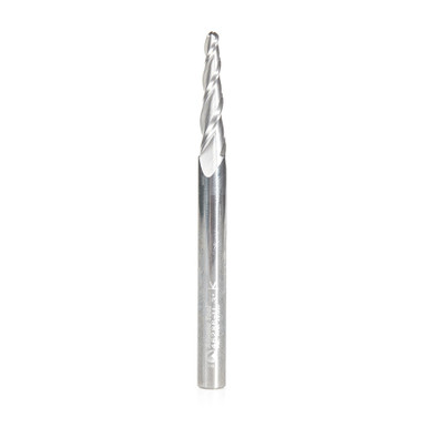 Amana Tool 46286-U CNC 2D and 3D Carving 3.6 Deg Tapered Angle Ball Nose x 1/8 D x 1/16 R x 1 CH x 1/4 SHK x 3 Inch Long x 3 Flute SC Upcut Router Bit