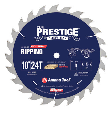 Amana Tool 610240C Carbide Tipped Prestige Ripping Standard 10 Inch D x 24T FT, 20 Deg, 5/8 Bore, Circular Saw Blade