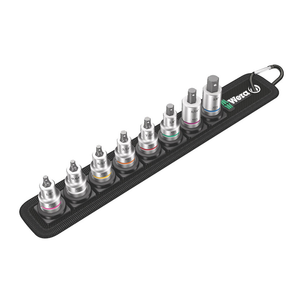 Wera Hex Bit Socket Set: 3/8" Drive, 8 Pc, 1/8 to 3/8" Hex - 1/8, 9/64, 5/32, 3/16, 7/32, 1/4, 5/16, 3/8 for 3/8 Drive | Part #05003974001