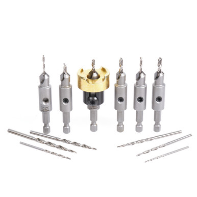 Amana Tool AMS-630 12-Pc Carbide Tipped Countersink with Adjustable Depth Stop and No-Thrust, No Marring Ball Bearing Set with Quick Release Hex Shank and Replacement HSS Drills