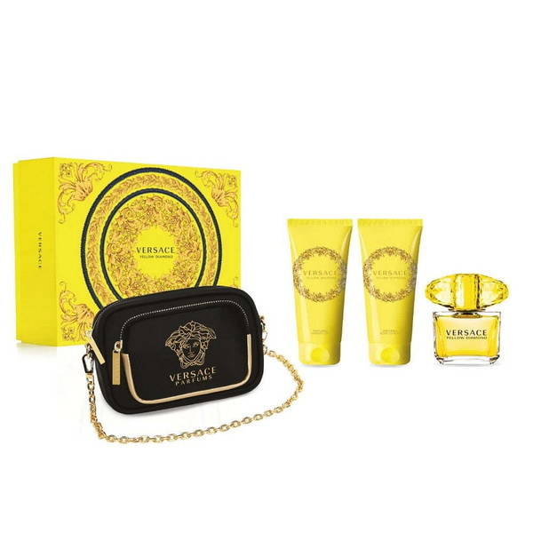 VERSACE YELLOW DIAMOND 4 PC GIFT SET WOMEN  - 3.0 OZ EDT + 3.4 OZ BODY LOTION + 3.4 OZ SHOWER GEL + CLUTCH BAG (BLACK & GOLD)