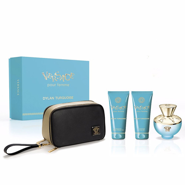 VERSACE DYLAN TURQUOISE 4 PC GIFT SET WOMEN - 3.4 OZ EDT + 3.4 OZ BODY LOTION + 3.4 OZ SHOWER GEL + POUCH