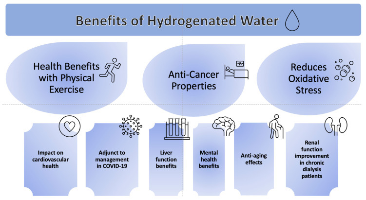 Diagram showing antioxidant, anti-inflammatory, and cellular protective mechanisms proposed for hydrogen-rich (alkaline ionized) water.