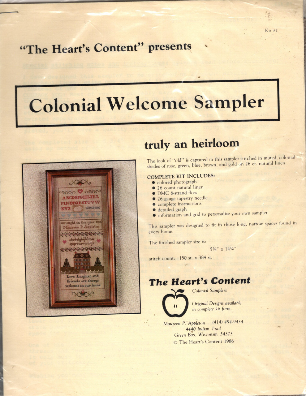The Heart's Content COLONIAL WELCOME SAMPLER kit Maureen Appleton