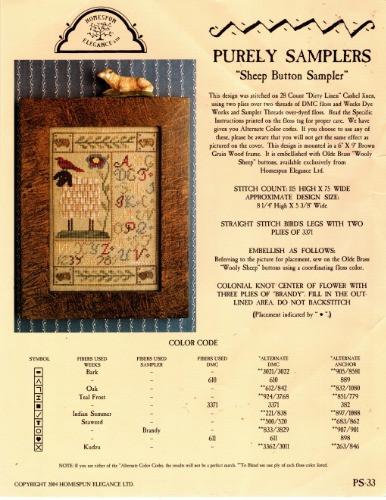Homespun Elegance SHEEP BUTTON SAMPLER Purely Samplers