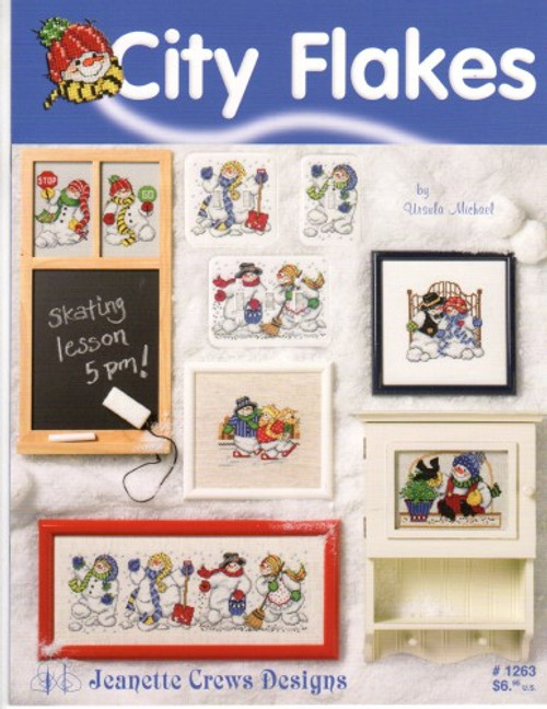 Jeanette Crews City Flakes counted cross stitch booklet. Ursula Michael. Stop Flake, Skater Flakes, On the Town Flakes, Flakey Double Switchplate, Flakey Single Switchplate, Flakey Triple Switchplate, Flakey Wall Cabinet, Go Flake