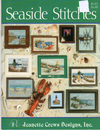 Jeanette Crews Designs Seaside Stitches Counted Cross Stitch Pattern booklet. Morning Light, Shrimp Boats, Picnic at the Beach, Shell Collector, Inviting View, Surf Fisher, Lighthouse, Beach Hat, Beach Combers, Sunset Light