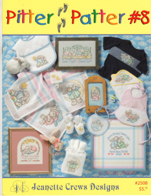 Jeanette Crews Pitter Patter #8 counted cross stitch booklet. Ursula Michael. Somebunny Loves You, Alphabet for personalization, Babies Are, Star, Moon, Good Night, Star Bunny, Moon Bunny, Blanket Bunny, Angel Bunny, Sleeping Bunny, Praying Bunny, I Love....