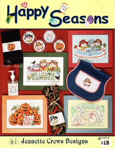 Jeanette Crews Happy Seasons counted cross stitch booklet. Ursula Michael. Pumpkin Coaster, Snowman Coaster, Spring is in the Air, Welcome Summer, Trick or Treat, Happy Winter, Scarecrow Coaster, Bunny Coaster