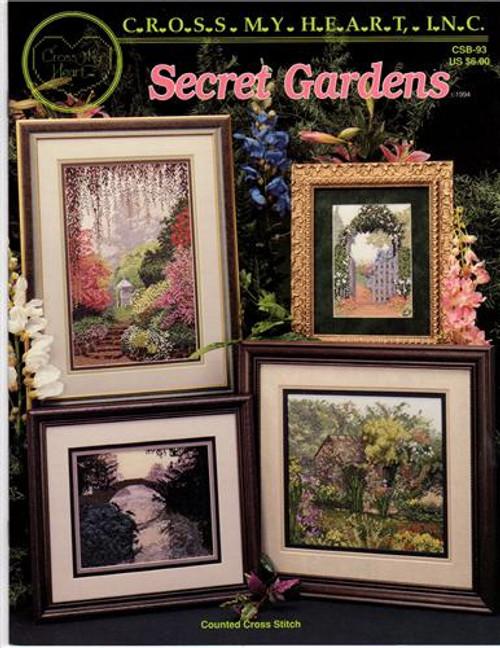 Cross My Heart Secret Gardens cross stitch booklet. Water Garden Beyond the Garden Gate, Garden Pond, The Gazebo, Rose Trellis, Cherub's Garden