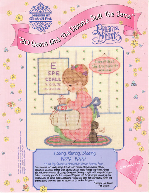 Designs by Gloria & Pat Precious Moments Loving Caring Sharing 1979-1999 Counted Cross Stitch chart. 20th Anniversary chart. Have a Seat. Designs by Gloria & Pat Precious Moments Loving Caring Sharing 1979-1999 Counted Cross Stitch chart. 20th Anniversary chart. Have a Seat.