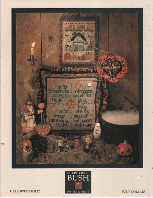 Just Cross Stitch Halloween Fun counted cross stitch and duplicate stitch leaflet. Helene Rush. Give Me Candy, Pumpkin, Trick or Treat, Boo, Happy Halloween Bib, Happy Halloween Mug
