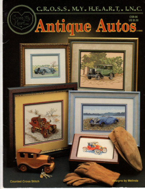 Cross My Heart Antique Autos counted cross stitch booklet. Melinda. Tin Lizzie, 1938-1939 Triumph Dolomite Roadster Coupe, 1903 Thornycroft Double Phaeton, 1928 Ford Model A Fordor Sedan, Hotchkiss