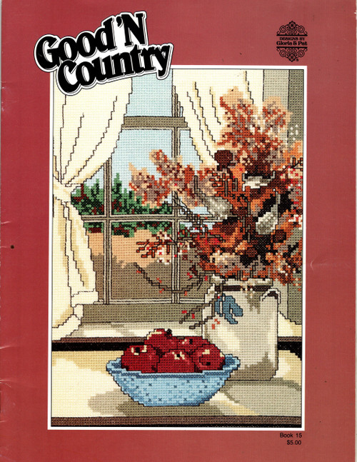 Designs by Gloria & Pat Good N Country Cross Stitch Pattern booklet. Red Farm Studio. Bowl of Apples, Potted Plant, Water Jug and Cup, Flower Pot, Bucket of Apples, Basket of Strawberries, Dried Flowers, Coffee Mill, Strawberry Ice Cream, Rocking Chair, Basket of Flowers, Apple Cider, Trunk and quilt, Kitchen Supplies.