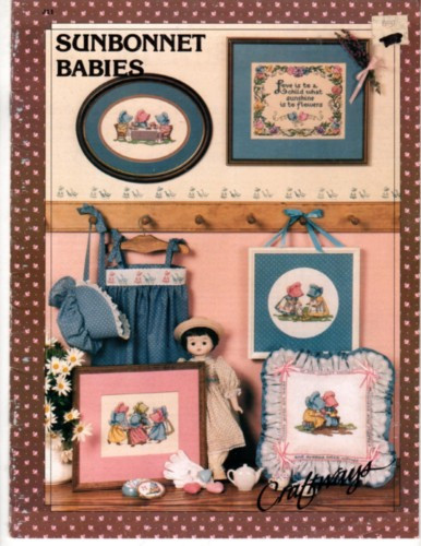 Craftways Sunbonnet Babies Counted Cross Stitch Pattern booklet. Tea Party, Playing with Dolls, Sweet Pea Border, Sunbonnet Girl with Geese, Feeding the Chicks, Ring Around the Rosie