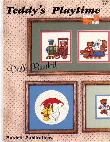 Dale Burdett Teddy's Playtime counted cross stitch booklet. Teddies Cutting Paper Dolls, Teddies Playing Checkers, Ring Around the Rosie, Teddy with Balloons, Rainy Day Teddy and Friend, Teddies Eating Ice Cream, Teddy Bear Express, Teddy Acrobat, Roller skating Teddy with Kite, Cowgirl Teddy, Teddy Paw Painting, Teddy Playing Indian, Child's Room Placque for boy or girl. Alphabet for personalization