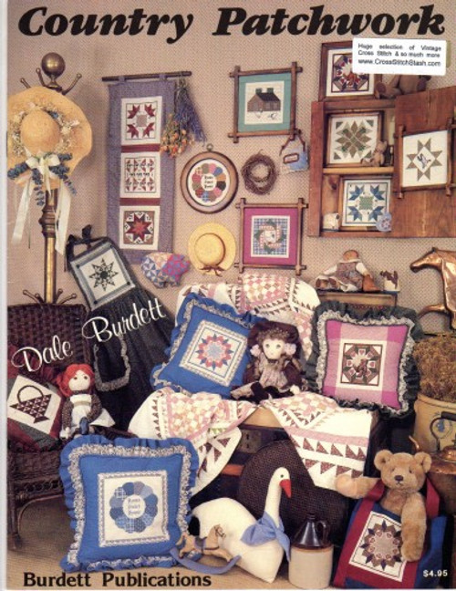 Dale Burdett Country Patchwork counted cross stitch booklet. Goose in Patchwork Block, Cows in Patchwork, Pigs in Lone Star, Strawberry Basket, Star Flowers, Pineapple in Quilt Block, Teddy in Quilt Block, Sheep in Broken Star, Broken Star with Hearts, Dresden Plate Home Sweet Home, House with Geese, Star with Duck