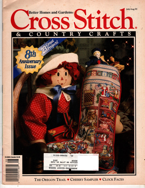 Cross Stitch and Country Crafts Magazine July/August 1993 Cross Stitch Pattern magazine. Cherry Sampler, Collector's Series Baltimore Album Quilt Quilt Border, Oregon Trail, Snips and Snails Stocking