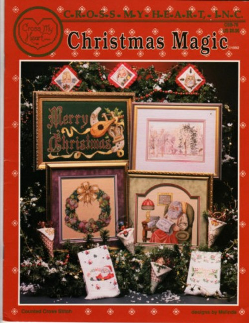 Cross My Heart Christmas Magic cross stitch booklet. Melinda. Cherub, Merry Christmas, Letters to Santa, Winter MOrn, Frost Fairy, Snow Fairy, Dellarobbia Wreath, Holly Victorian Cone, Noel Victorian Cone, Wreath victorian Cone, christmas Bells Victorian Cone, Santa Ho Ho HO, Christmas Cat, Candlelight Angel, Sledding Snowman, Santa, Skating Snowman, Holly Merry Christmas