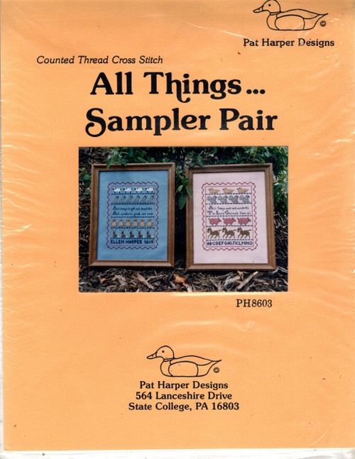 Pat Harper Designs All Things Sampler Pair counted cross stitch chartpack.  All Things Bright and Beautiful Sampler, All Things Wise and Wonderful Sampler