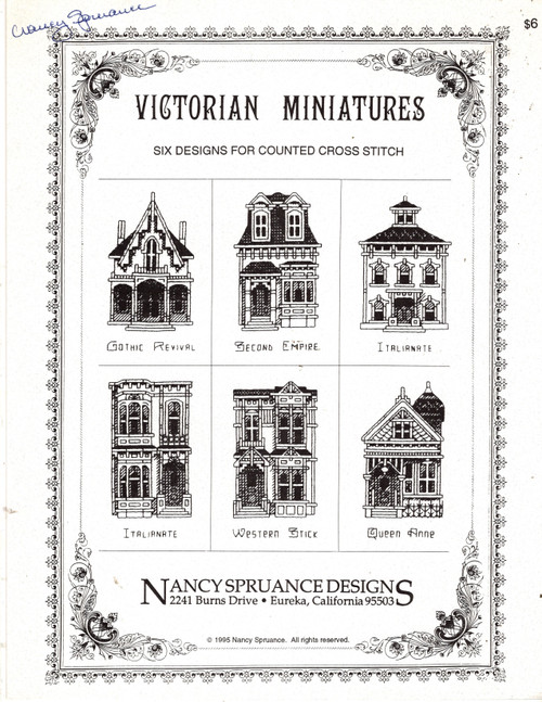 Nancy Spruance Designs Victorian Miniatures cross stitch pattern chartpack. Gothic Revival, Second Empire, Italianate, Western Stick, Queen Anne, lampposts, gates, birds, alphabet